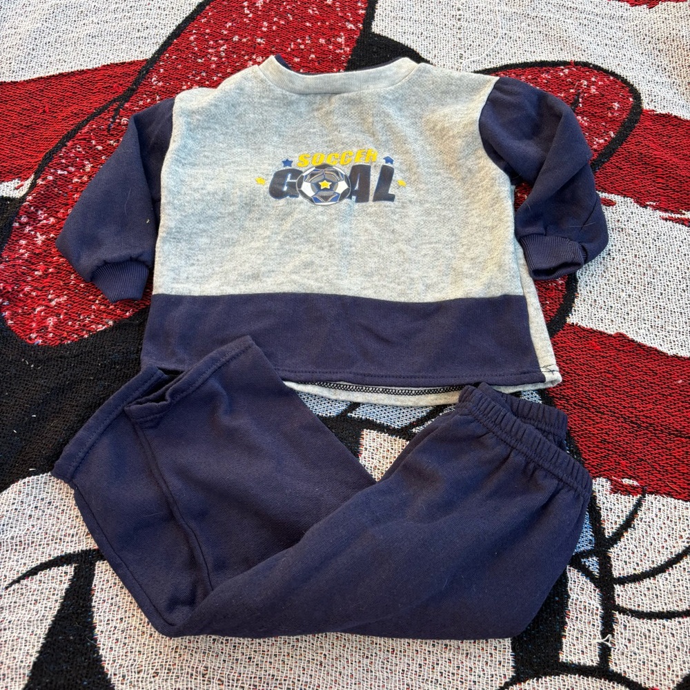 VINTAGE BASIC EDITIONS GRAY BLUE SOCCER GOAL GRAPHIC TWO PIECE SET SIZE 2T